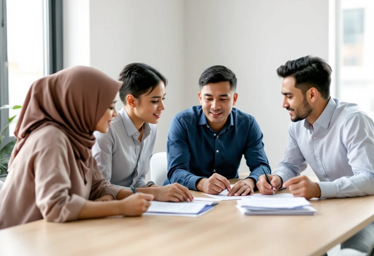 Colleagues working through documents together at an office meeting table